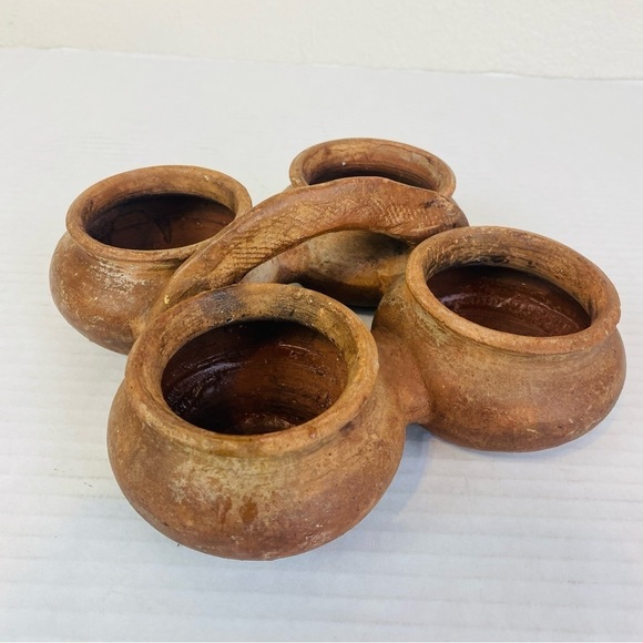 4 Section Primitive Rustic Clay Pot W/ Handle 8” x 8” x 3” - Picture 2 of 10